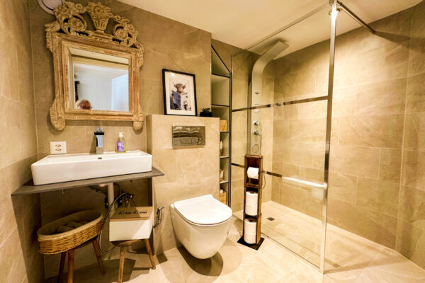 Chalet Simmi-65 Chalet Simmi in Wimis in der Schweiz: Bad mit WC, Dusche, Handtüchern, sehr warm und einladend mit Spiegel und Pflanzen